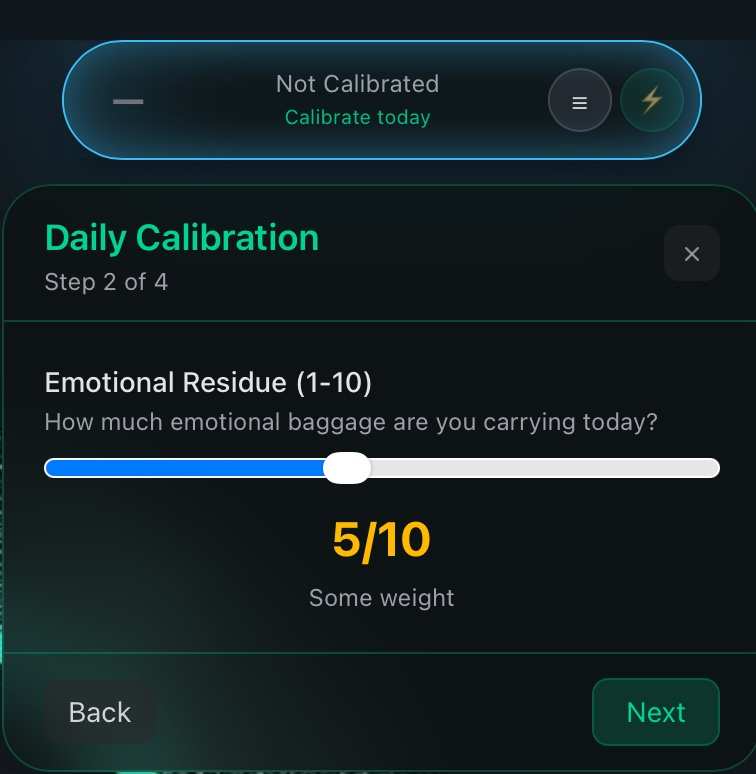 The Daily Calibration screen with the emotional residue slider